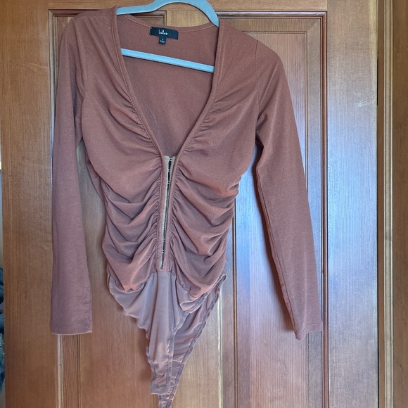 Lulus Perfectly Pleased Rust Brown Ruched Long Sleeve Bodysuit - Picture 3 of 6